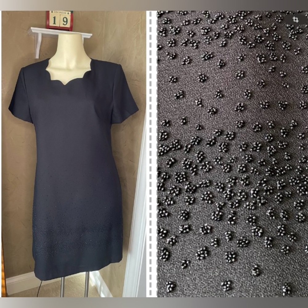 Vintage Nina Piccalino Black Short Sleeve Sparkle Dots Sheath Formal Party Dress
